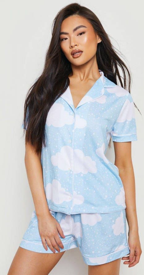 boohoo Wolkenprint Pyjama Blouse En Shorts Set, Baby Blue